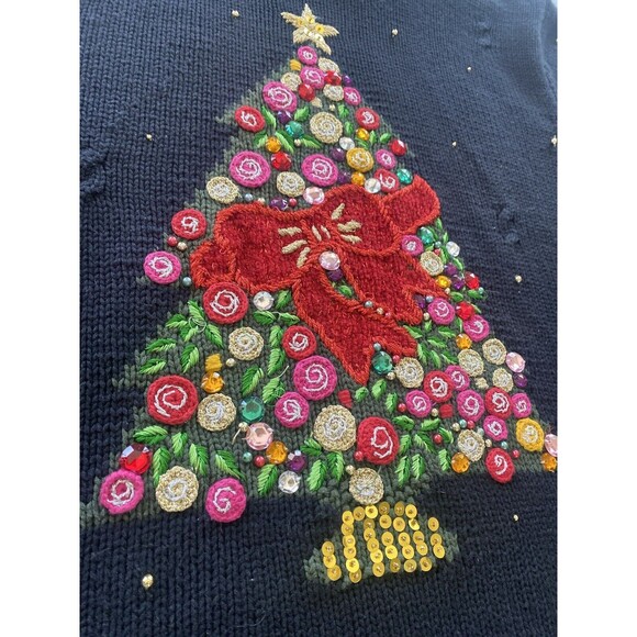 Christopher Radko Sweater Womens  1x Black Embellished Tree Christmas Beaded - Picture 3 of 9